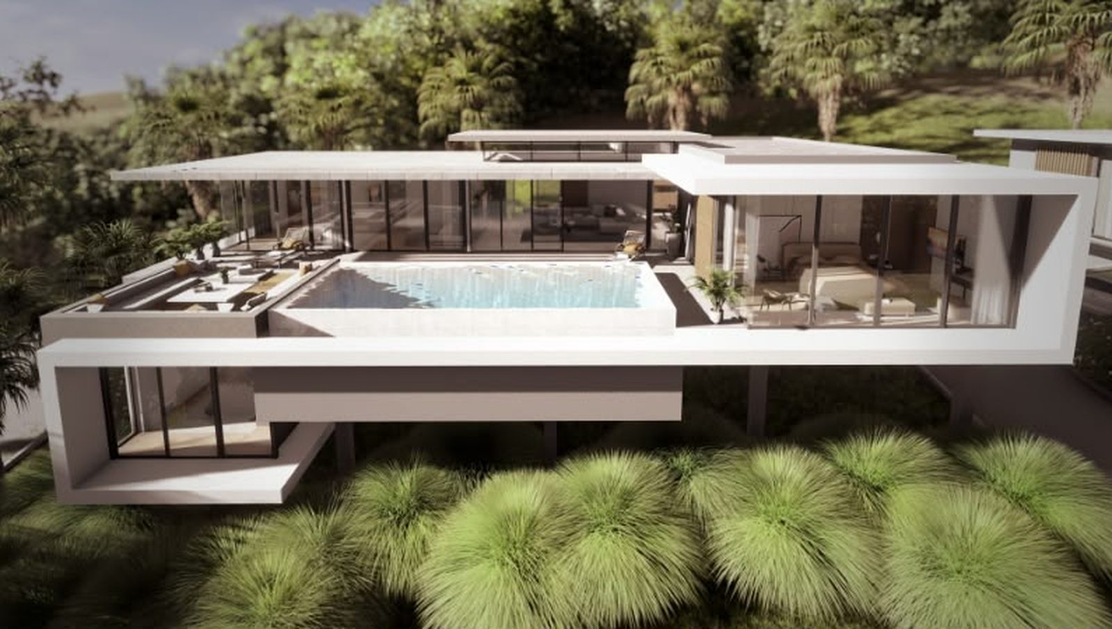 Aerial view of the villa and its rooftop pool
