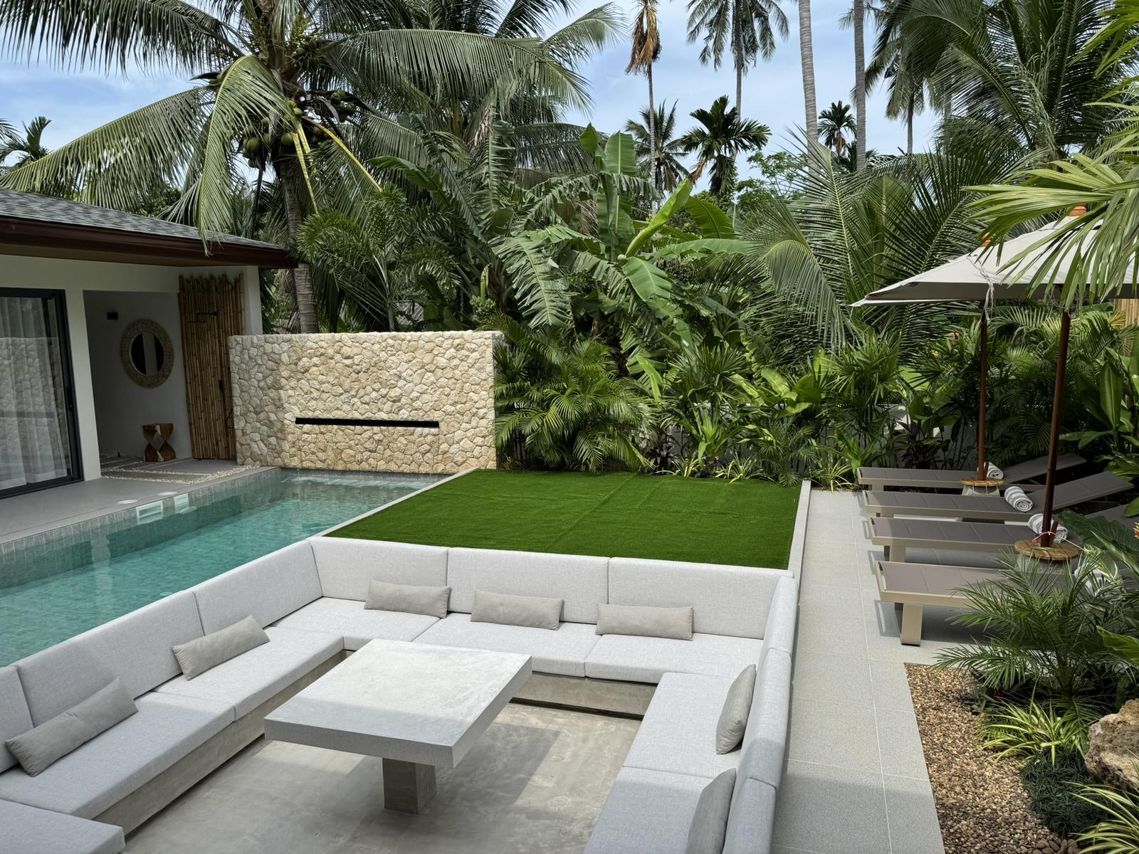 The villa and its private pool among coconut palms
