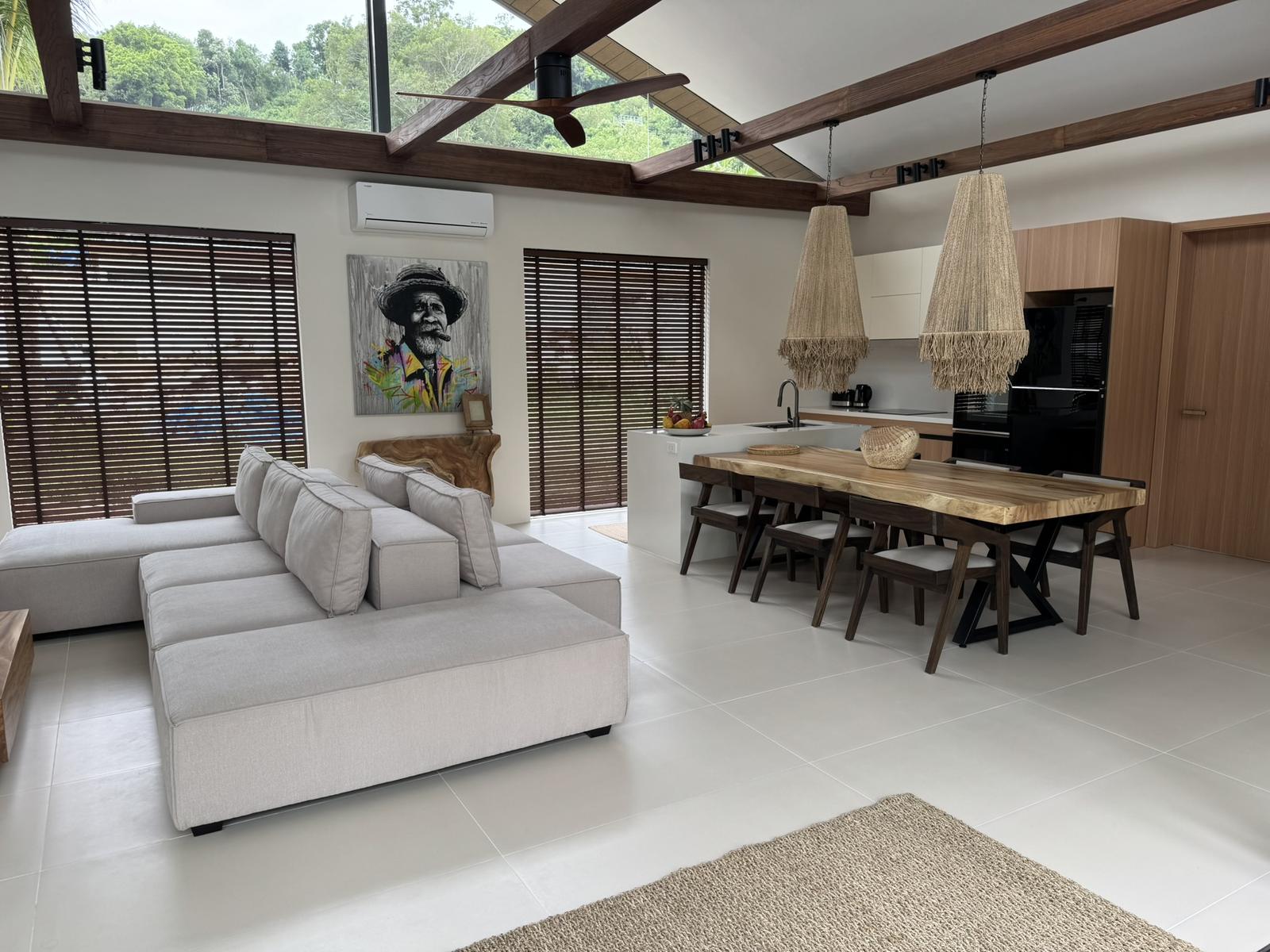 Open-plan living, dining and kitchen under a vaulted timber ceiling