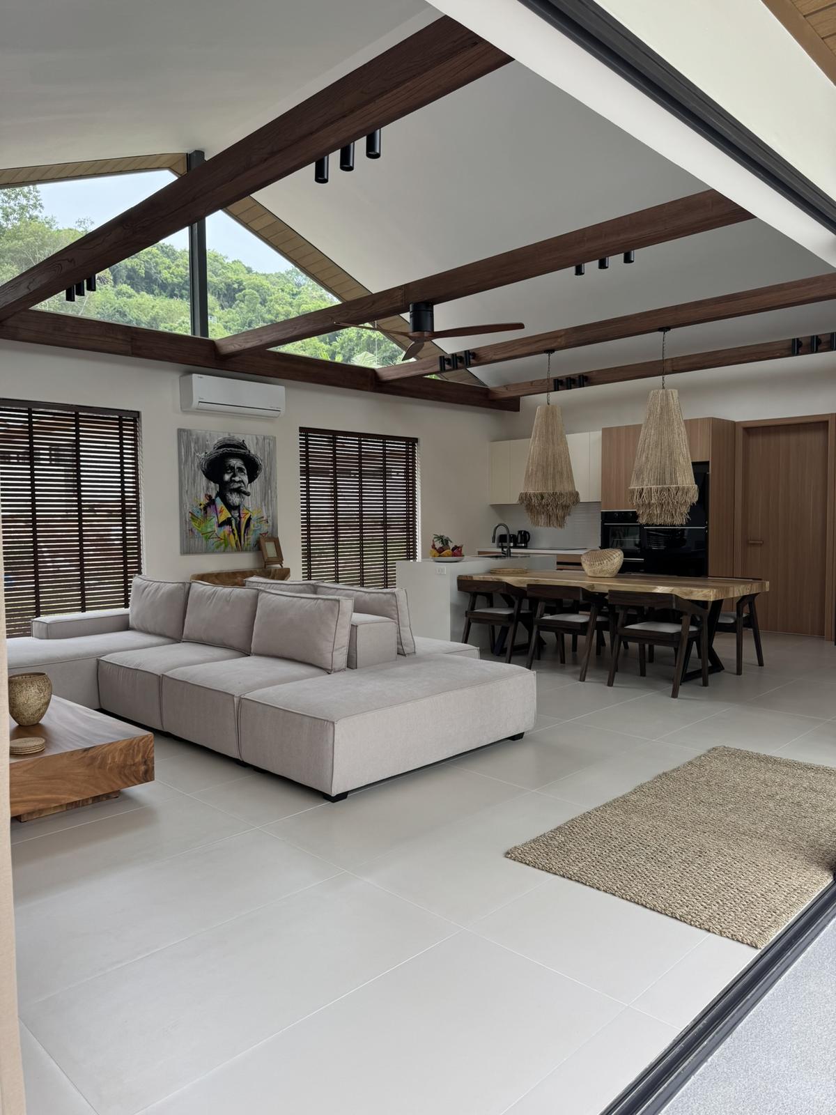 Living and dining space under the vaulted ceiling