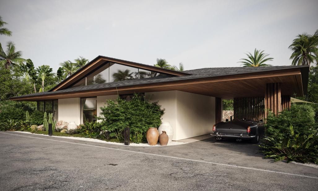 The villa entrance and covered parking from the driveway