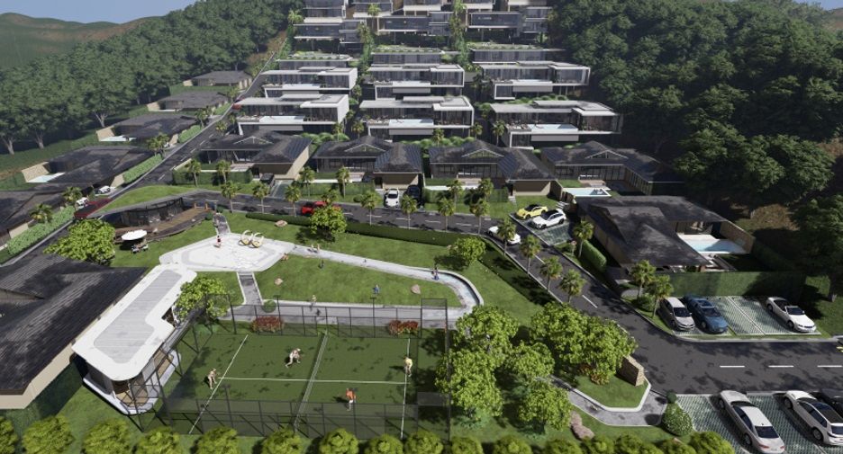 Aerial view of the gated hillside estate and its shared grounds