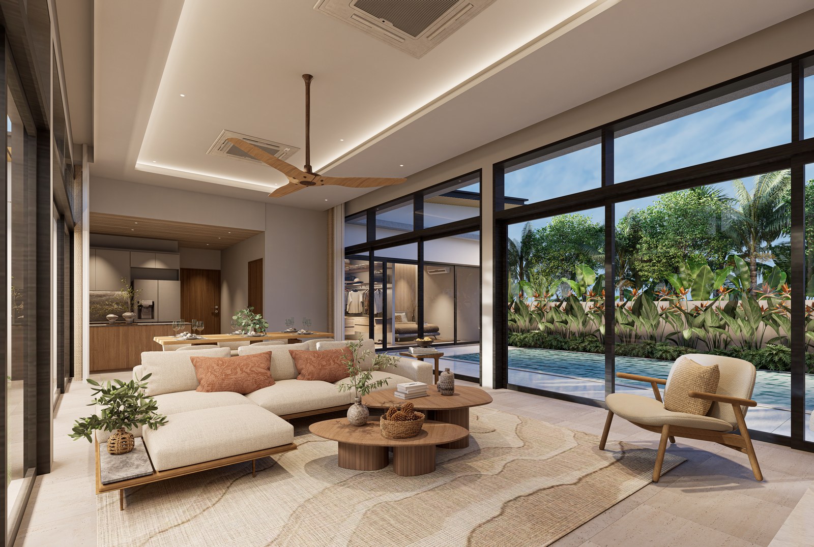 Open living room with full-height glazing onto the pool