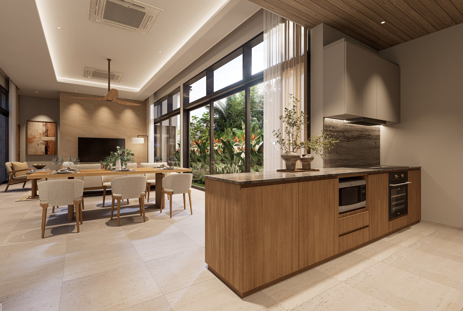 Kitchen with an island, looking through to the dining table