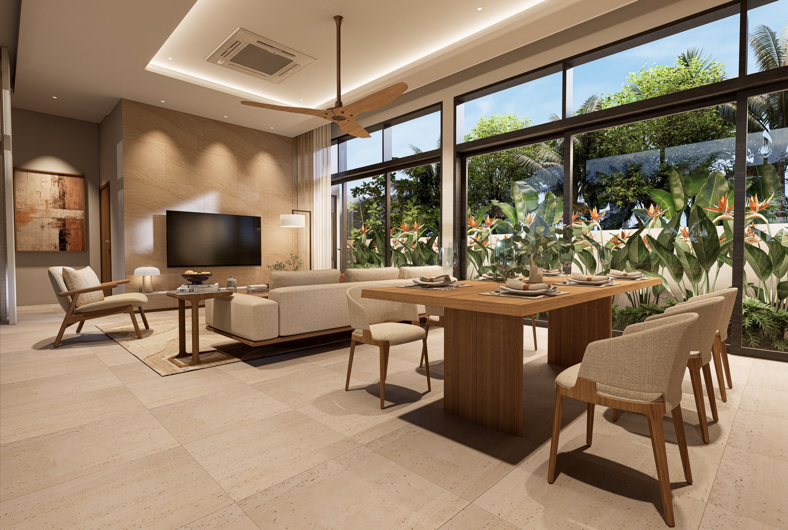 Dining area under the pitched ceiling