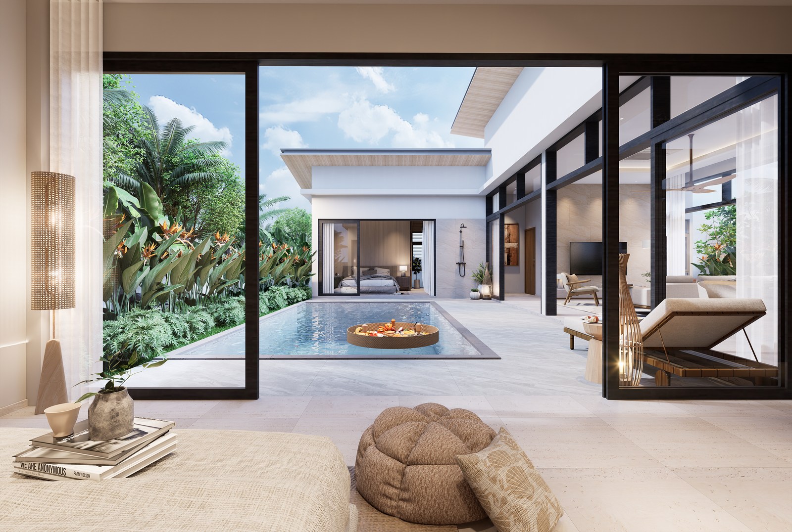 Looking out of the third bedroom across the pool