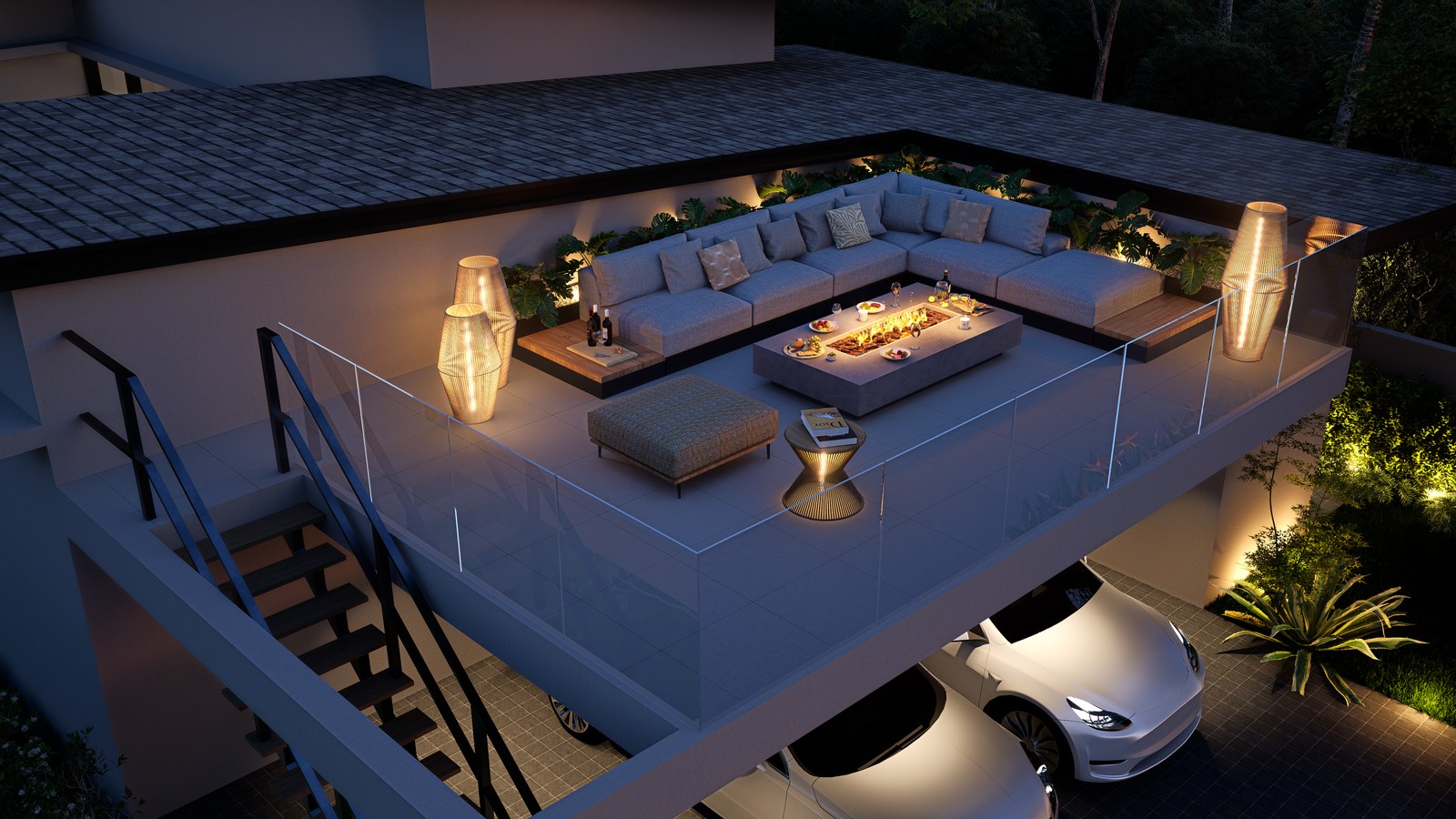 The roof terrace fitted out with seating, a fire table and a barbecue