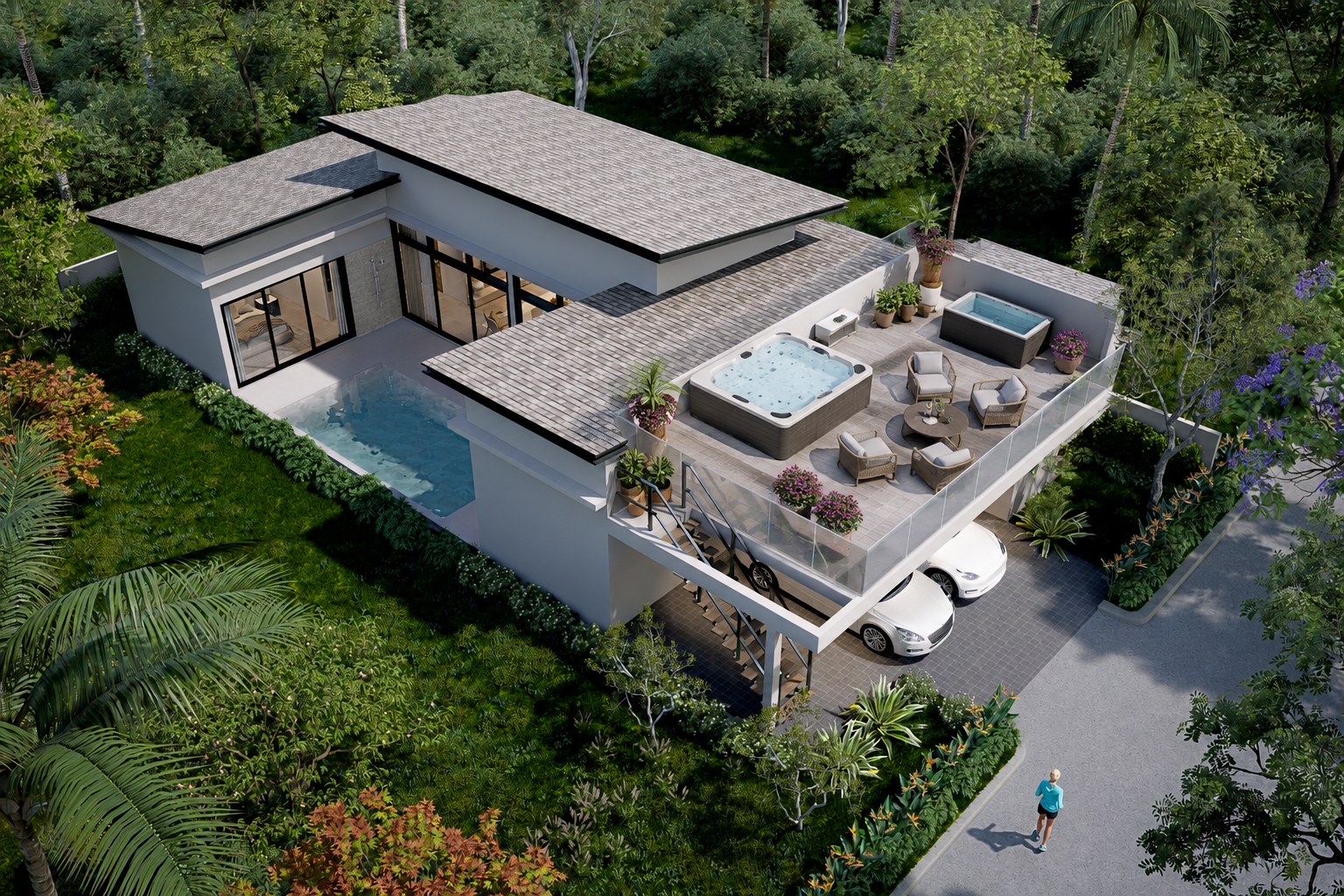 The roof terrace with the optional jacuzzi and cold plunge