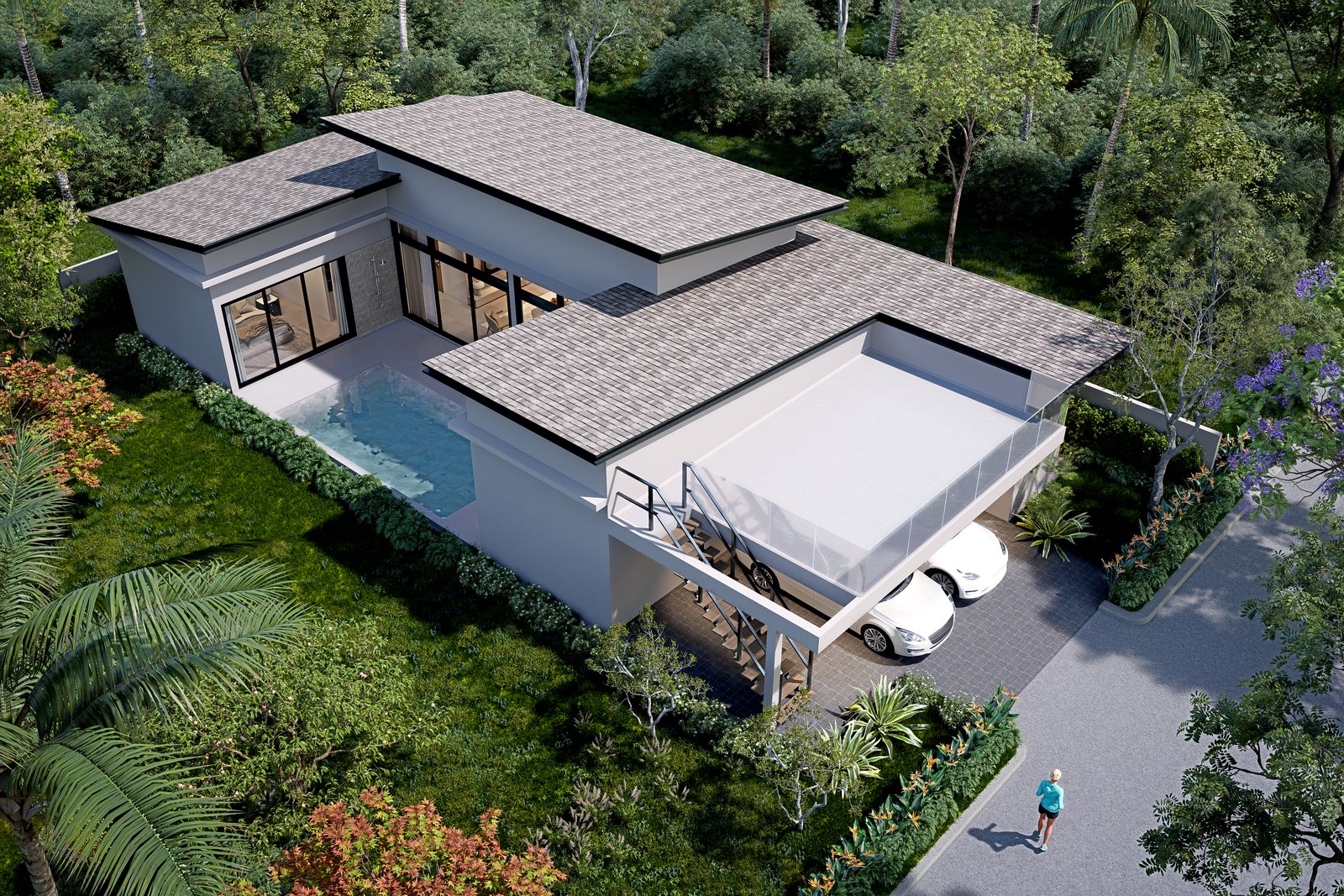 The villa from above, pool, roof deck and parking