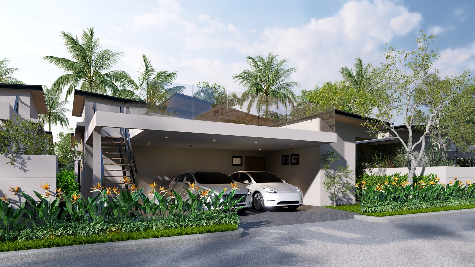 The entrance and covered parking from the internal road