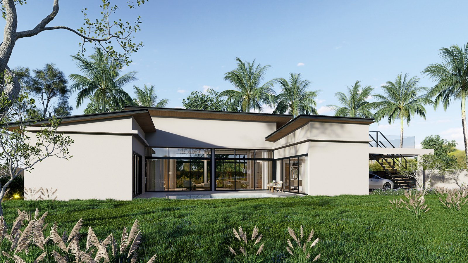 The villa seen from the side, single storey under a low roof