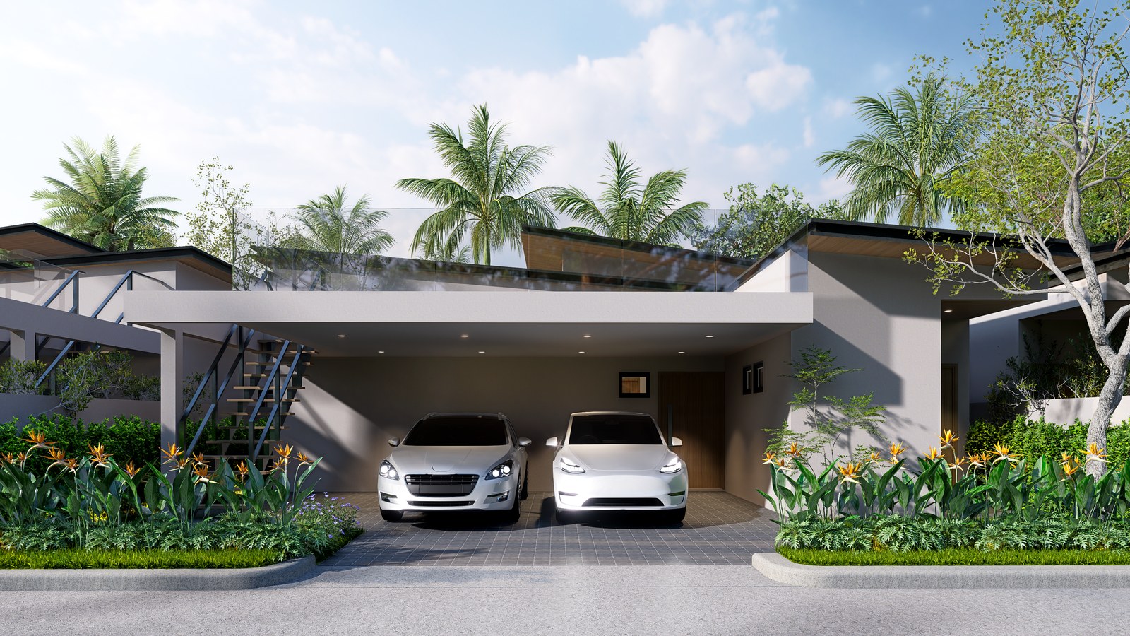 Covered parking for two cars beneath the roof terrace