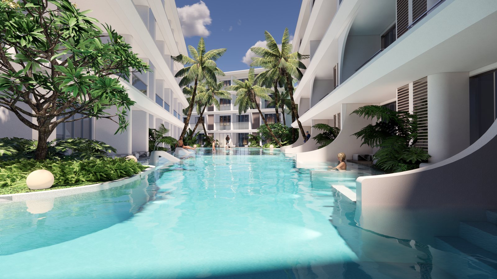 Planting and palms along the pool edge