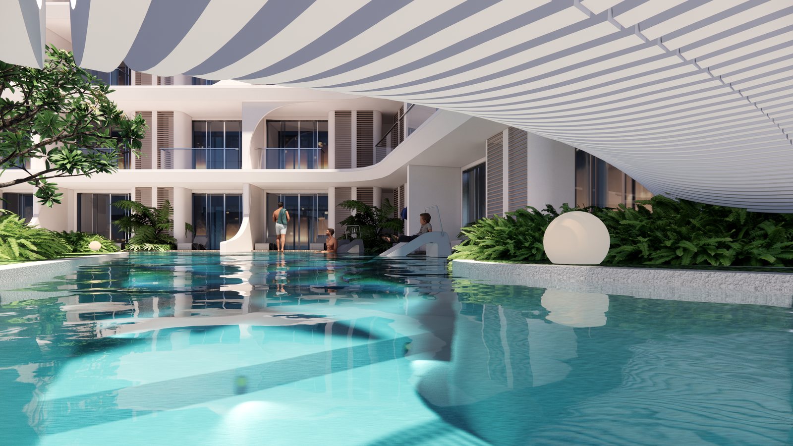 The shaded pool under the curved canopy