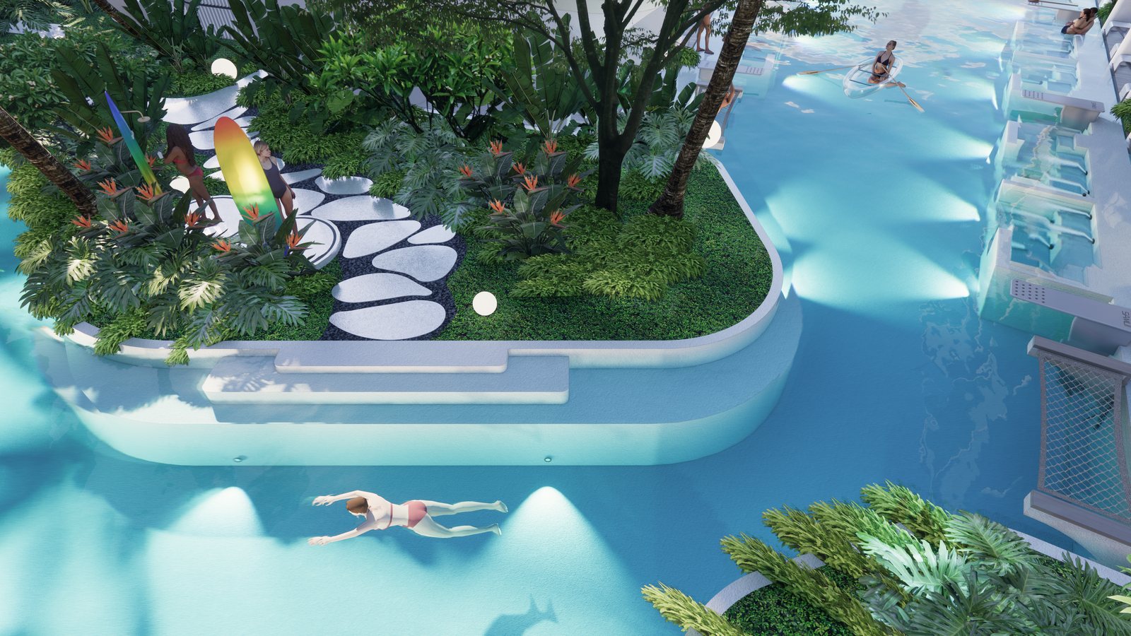 The pool wrapping around the gardens
