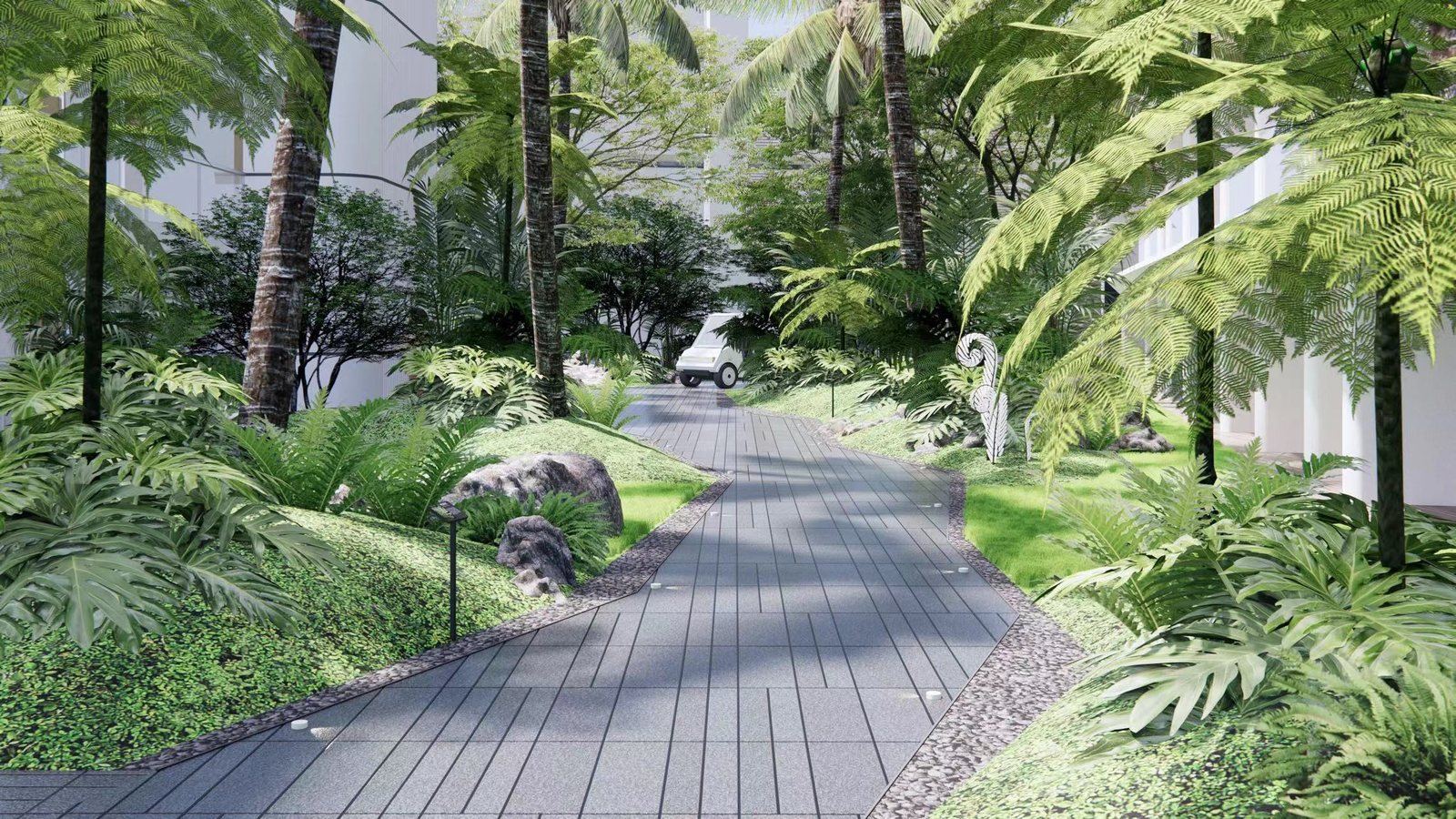 The planted walkway into the site