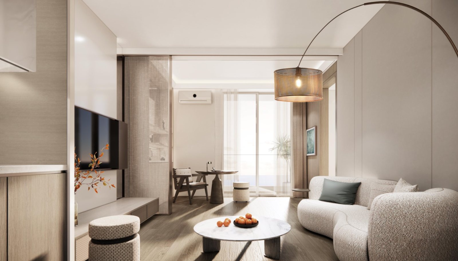 The living area of a one-bedroom apartment