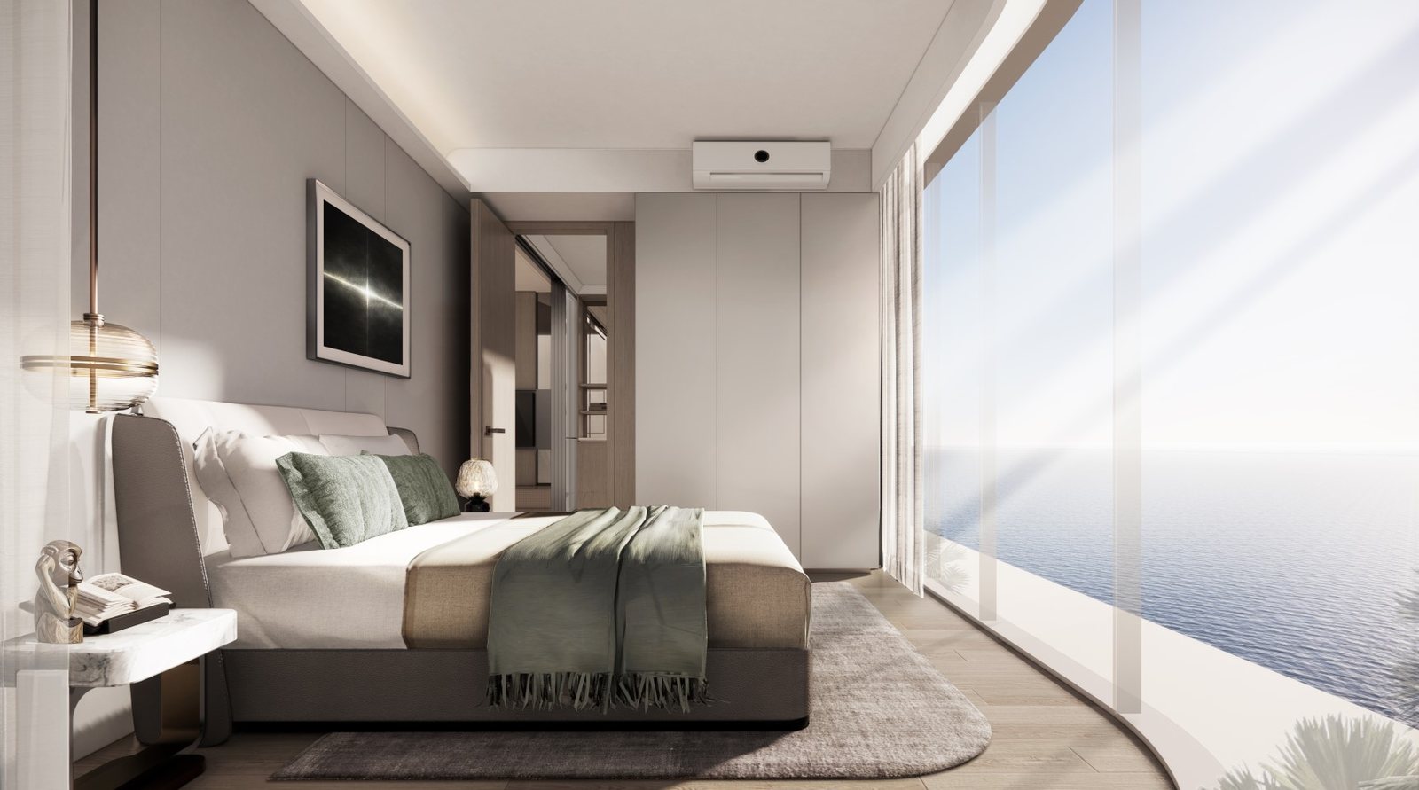 A bedroom with the glass wall onto the sea