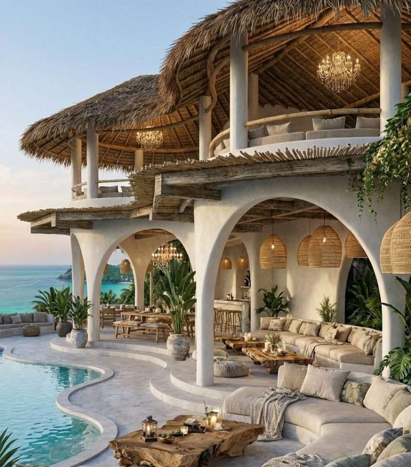 Open-sided villa interior in natural materials