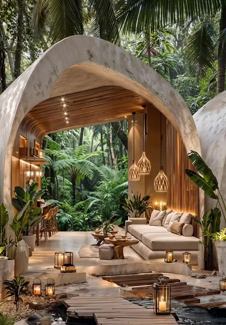 Arched living space opening to the garden