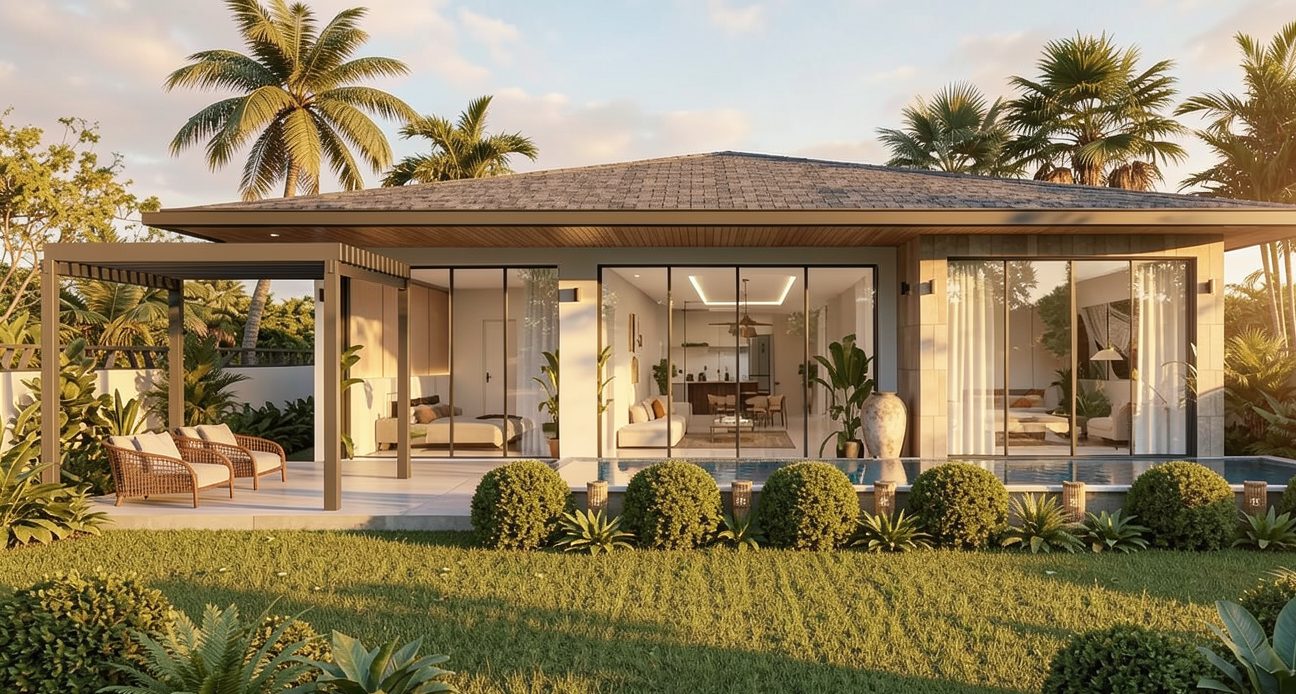 Four-bedroom pool villa exterior at dusk with garden