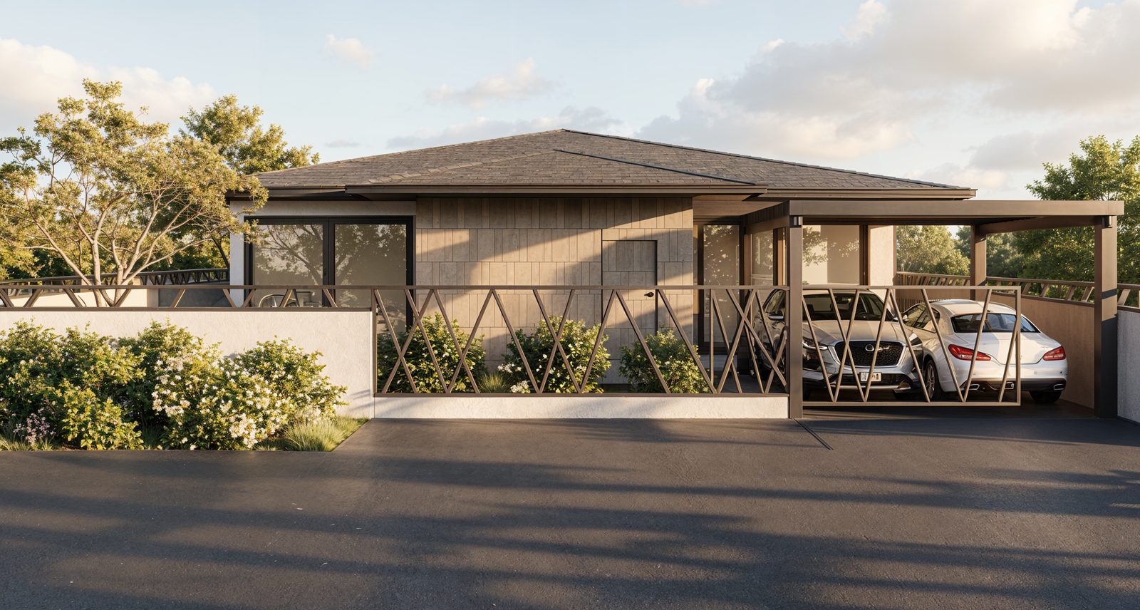 Pool villa with covered sala and parking at twilight