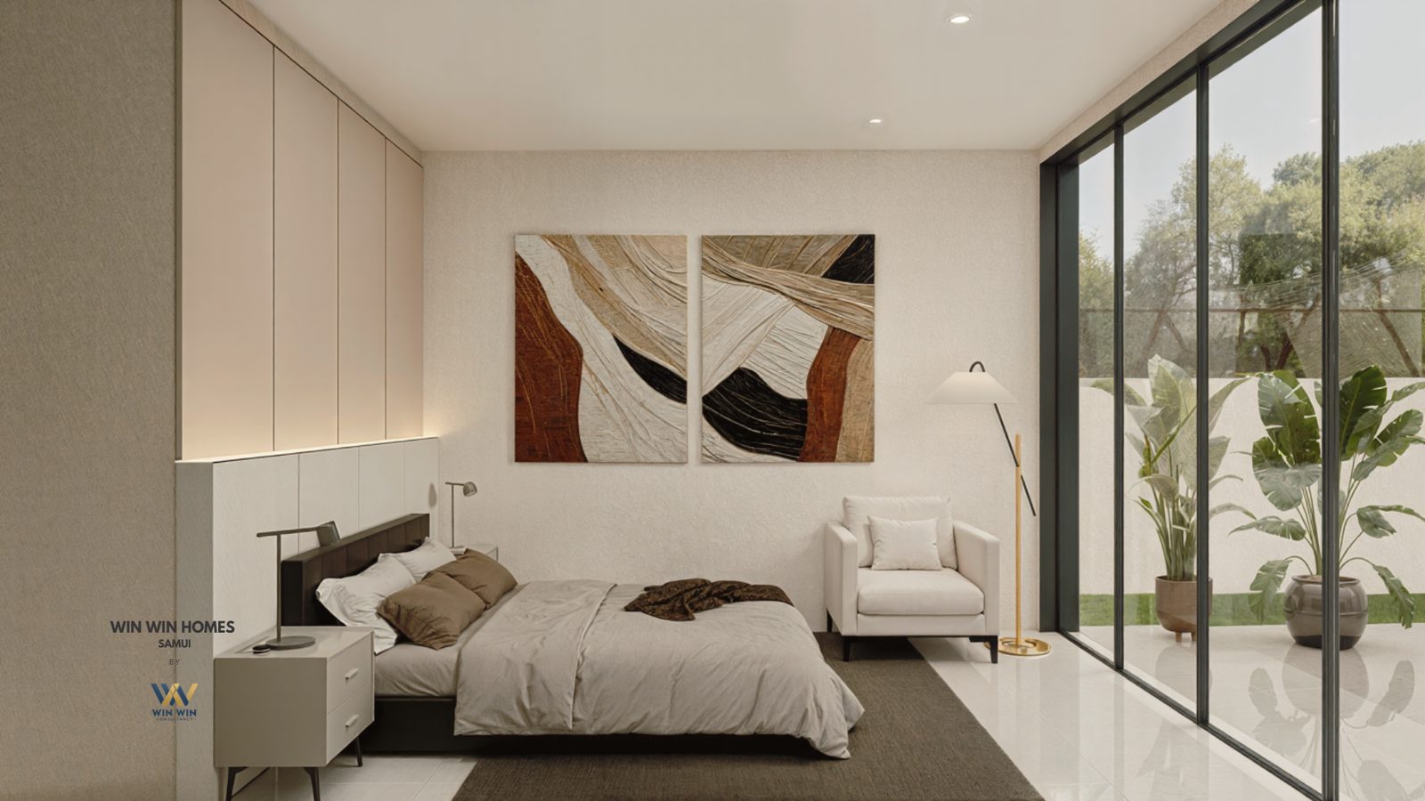 Bedroom with full-height glass to the garden