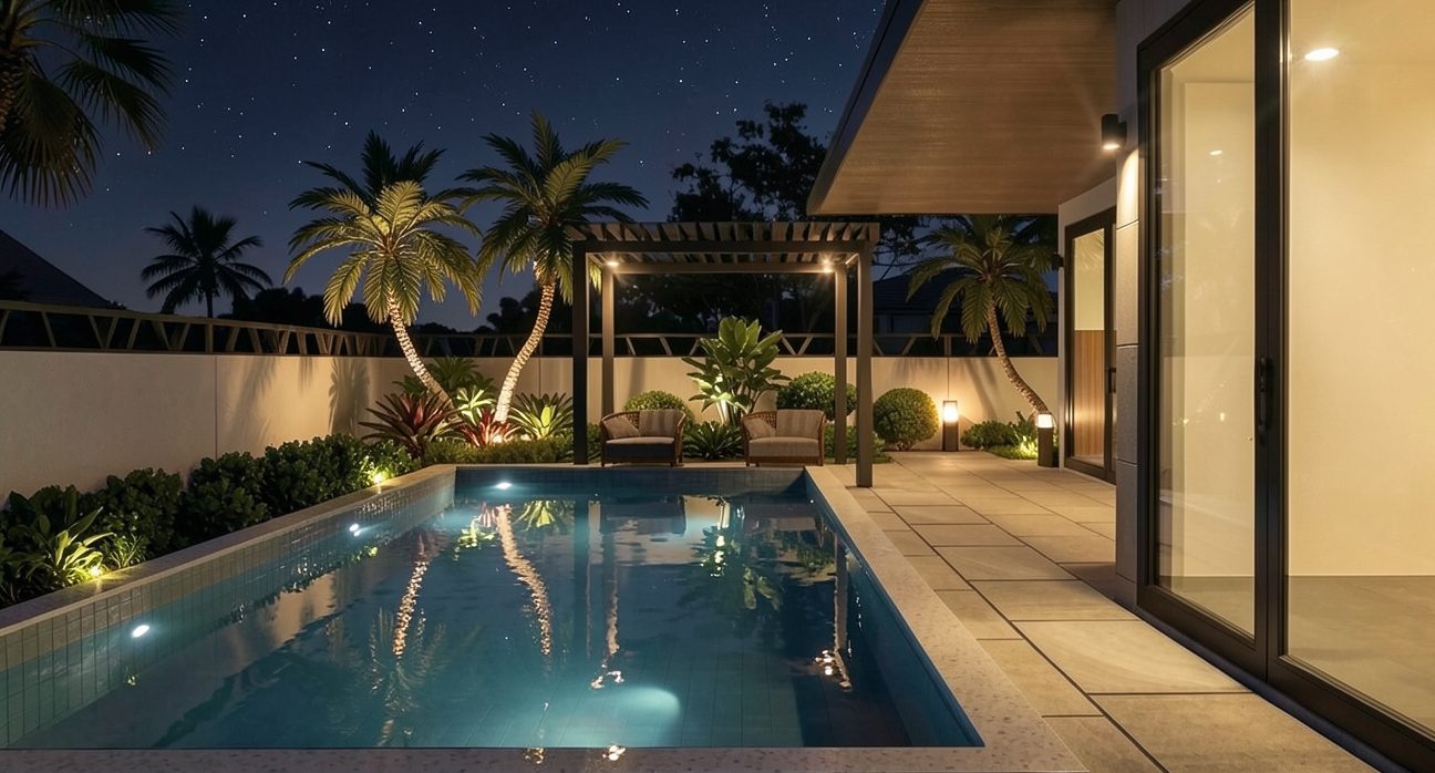 Four-bedroom pool villa exterior at dusk with garden