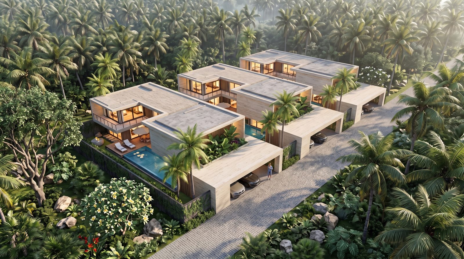 The estate from above, two rows of villas along the lane