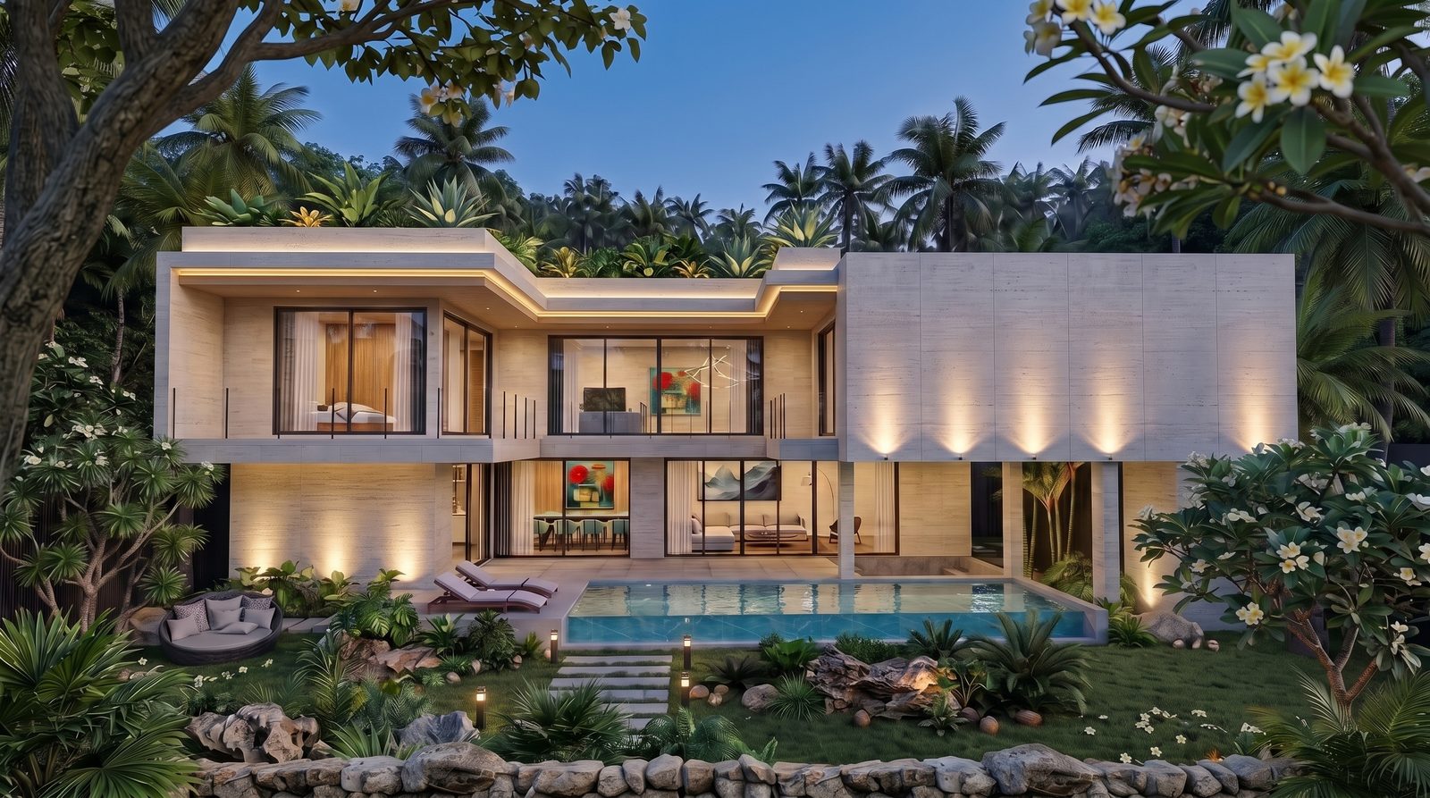 The rear elevation and pool