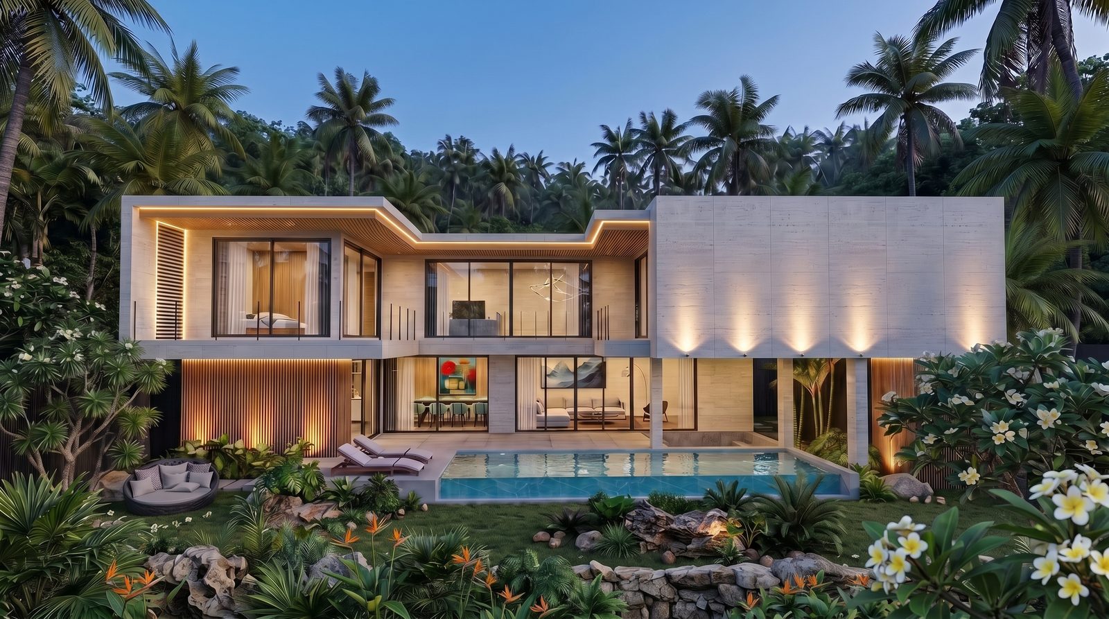 The villa at dusk