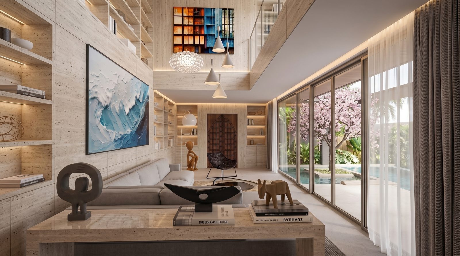 The double-height living room