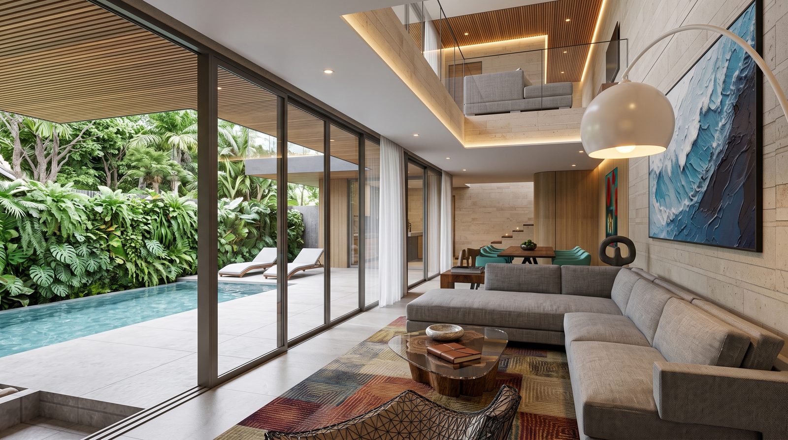Living room opening to the pool deck