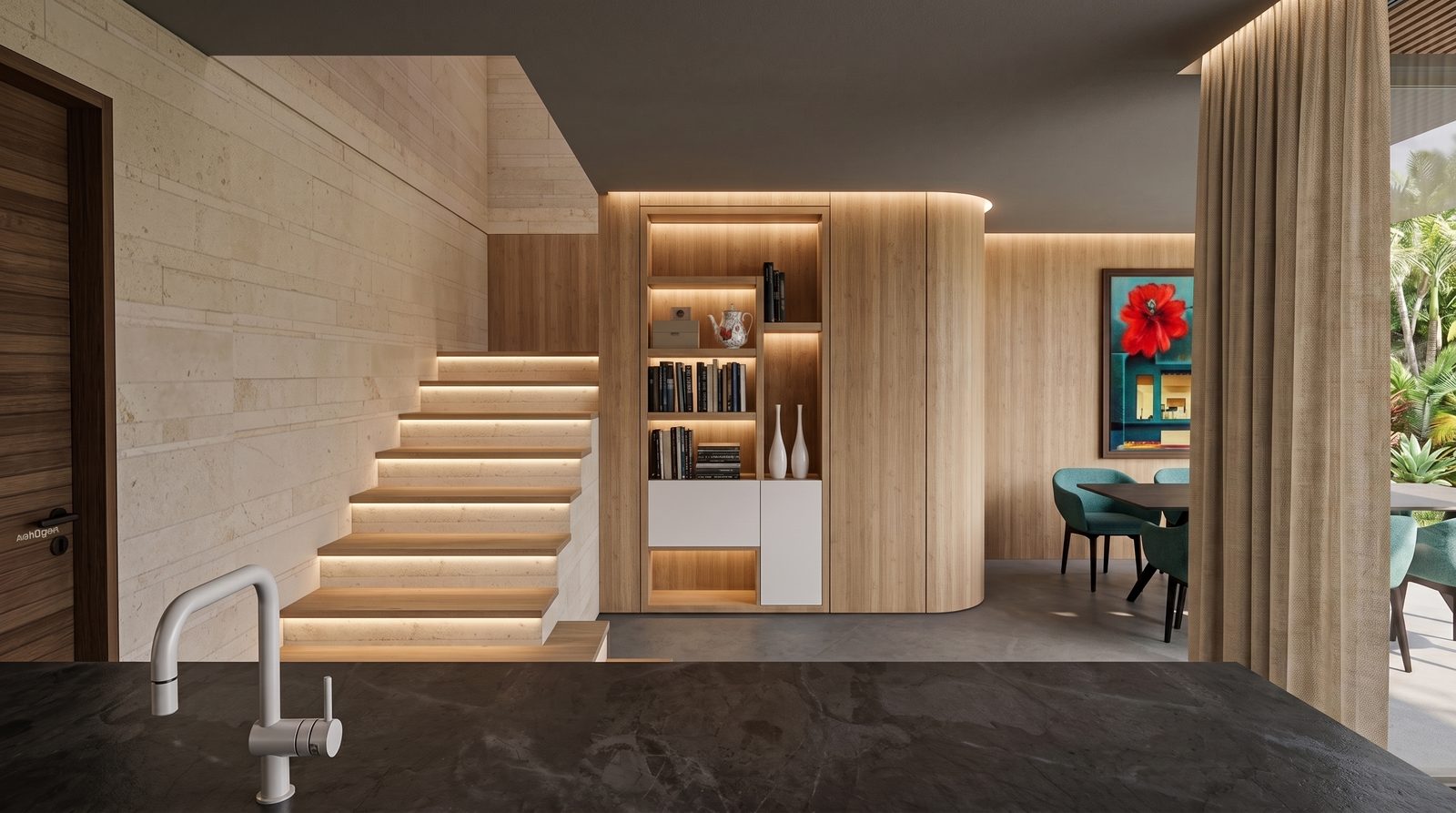 Kitchen island and stairs