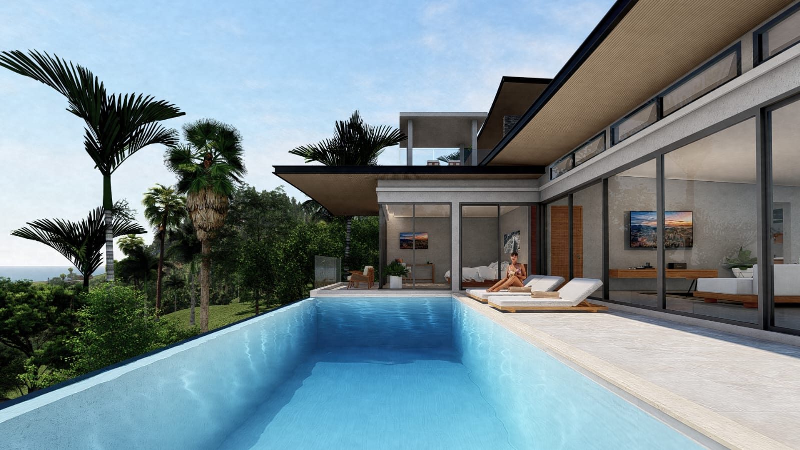 Design render: the pool terrace and the glass-walled living room