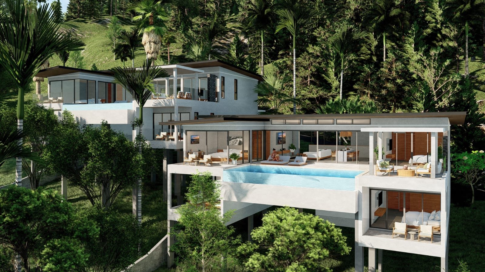 Design render: the villa stepping down the slope, seen from below