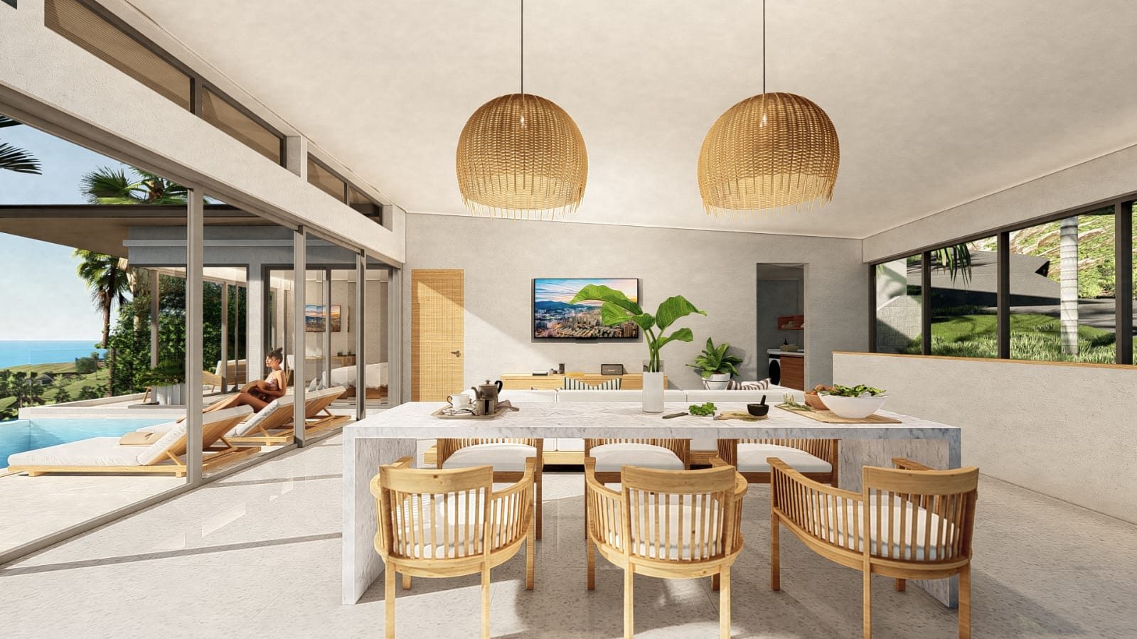 Design render: dining table and the open kitchen