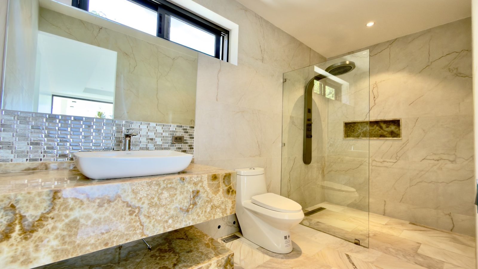 Bathroom as built, stone vanity and walk-in shower