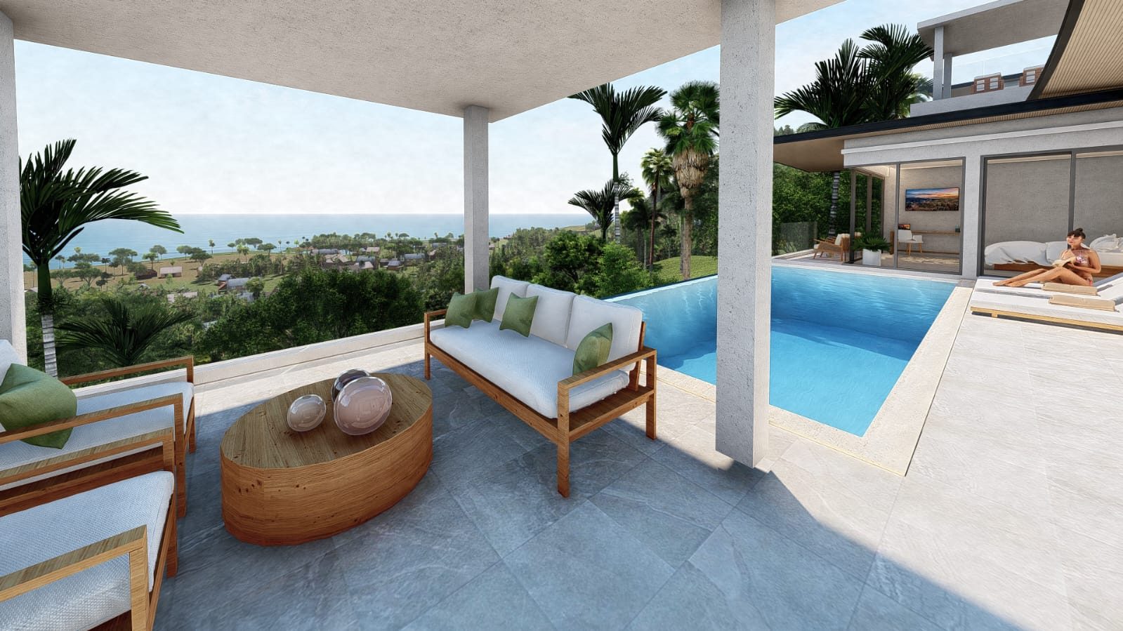Design render: covered seating beside the pool