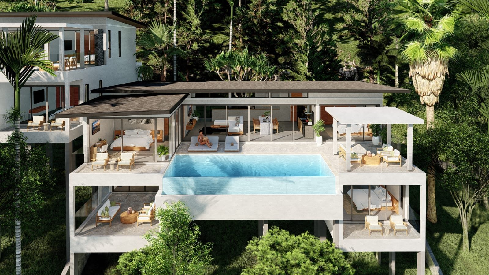 Design render: the villa on its hillside among the trees