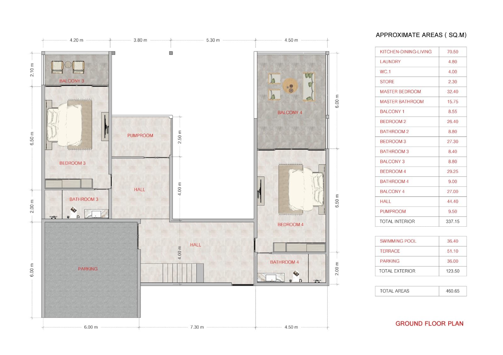 Lower level plan: two bedrooms with bathrooms and balconies, hall, pump room and parking