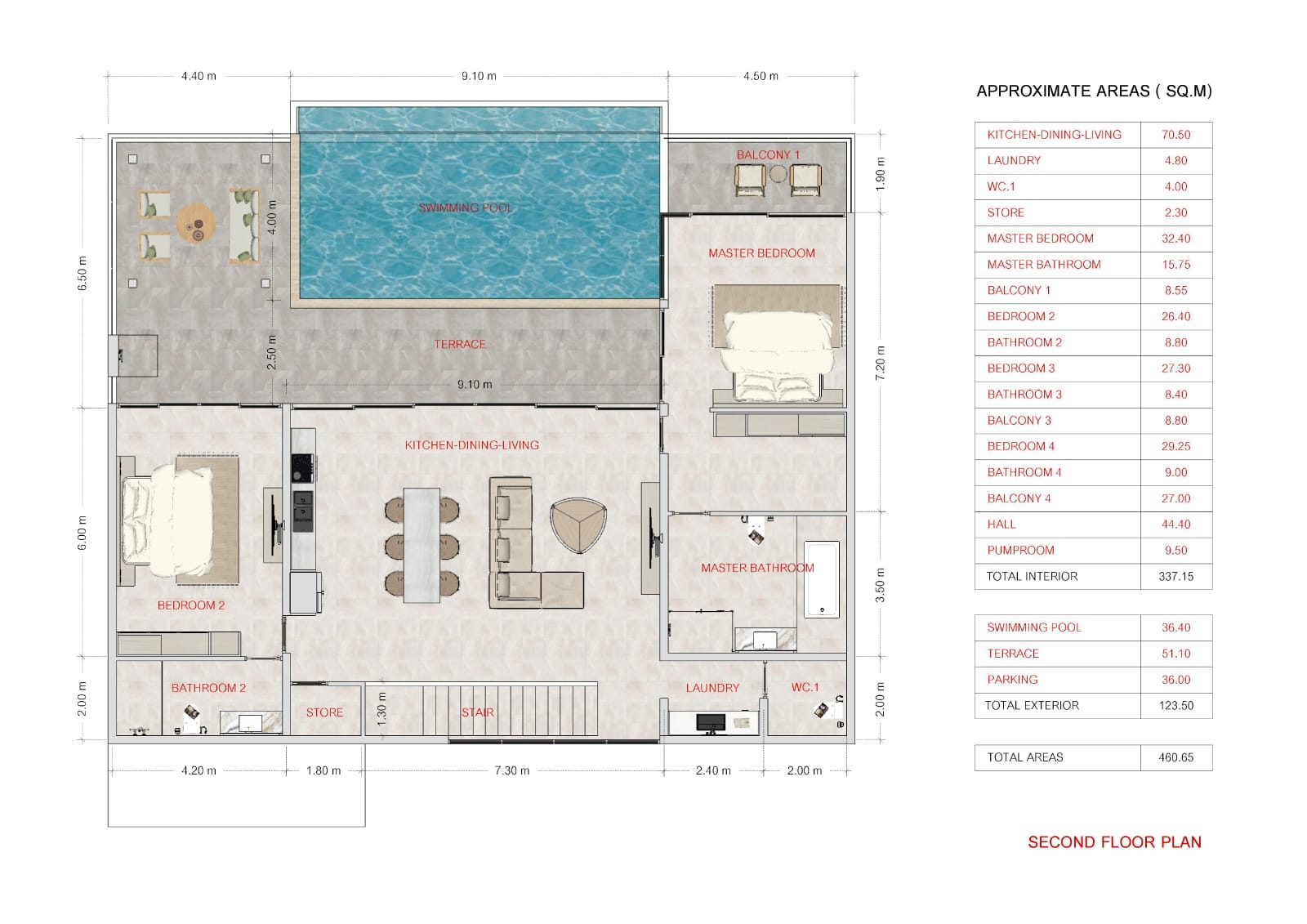 Upper level plan: kitchen, dining and living, master suite, second bedroom, terrace and pool