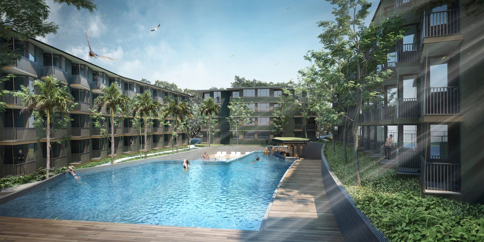 The pool deck seen from a balcony