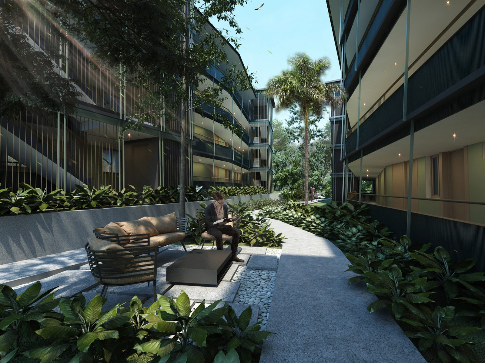 The planted walkway between two blocks