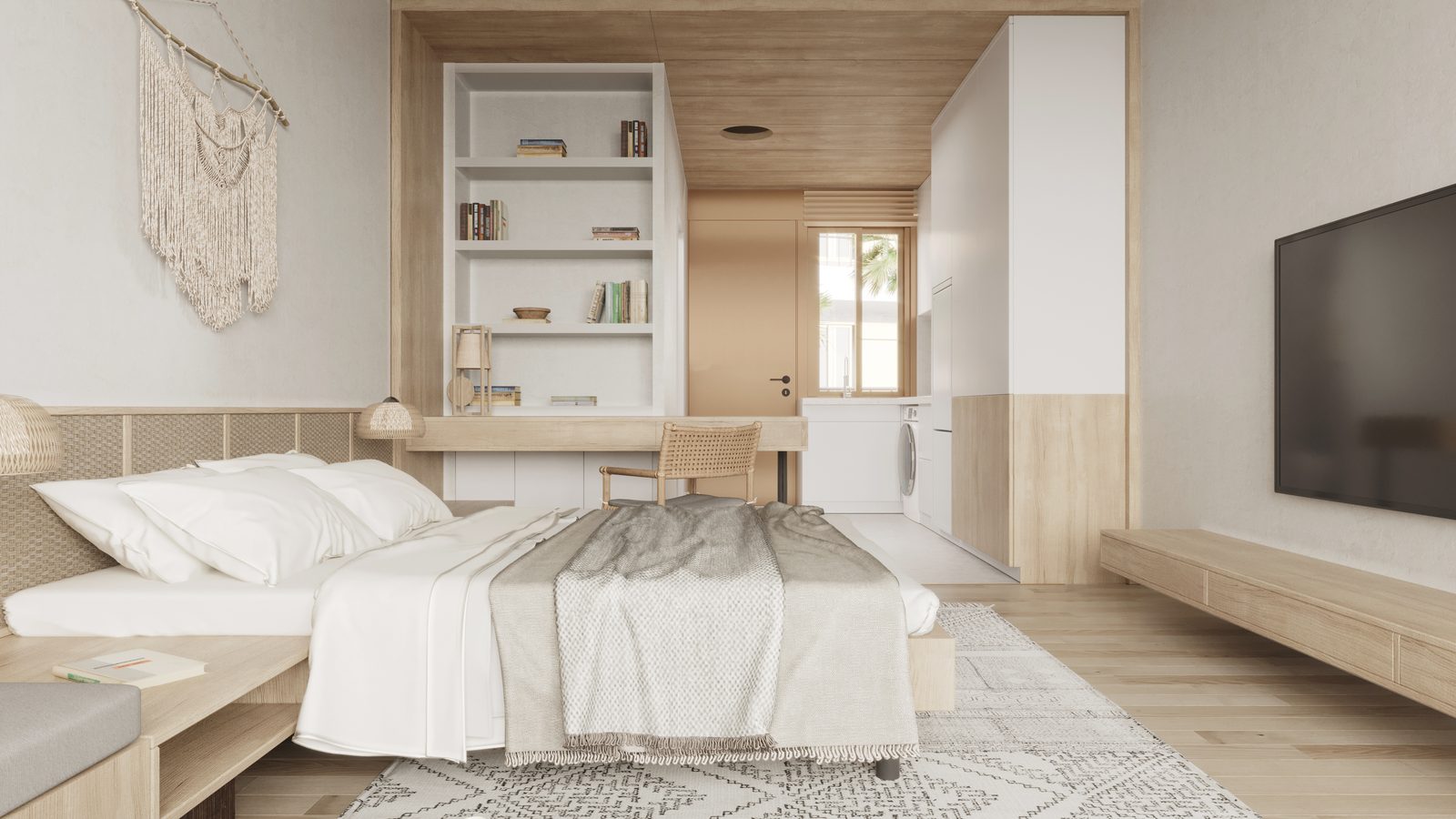 A studio, bed and storage wall