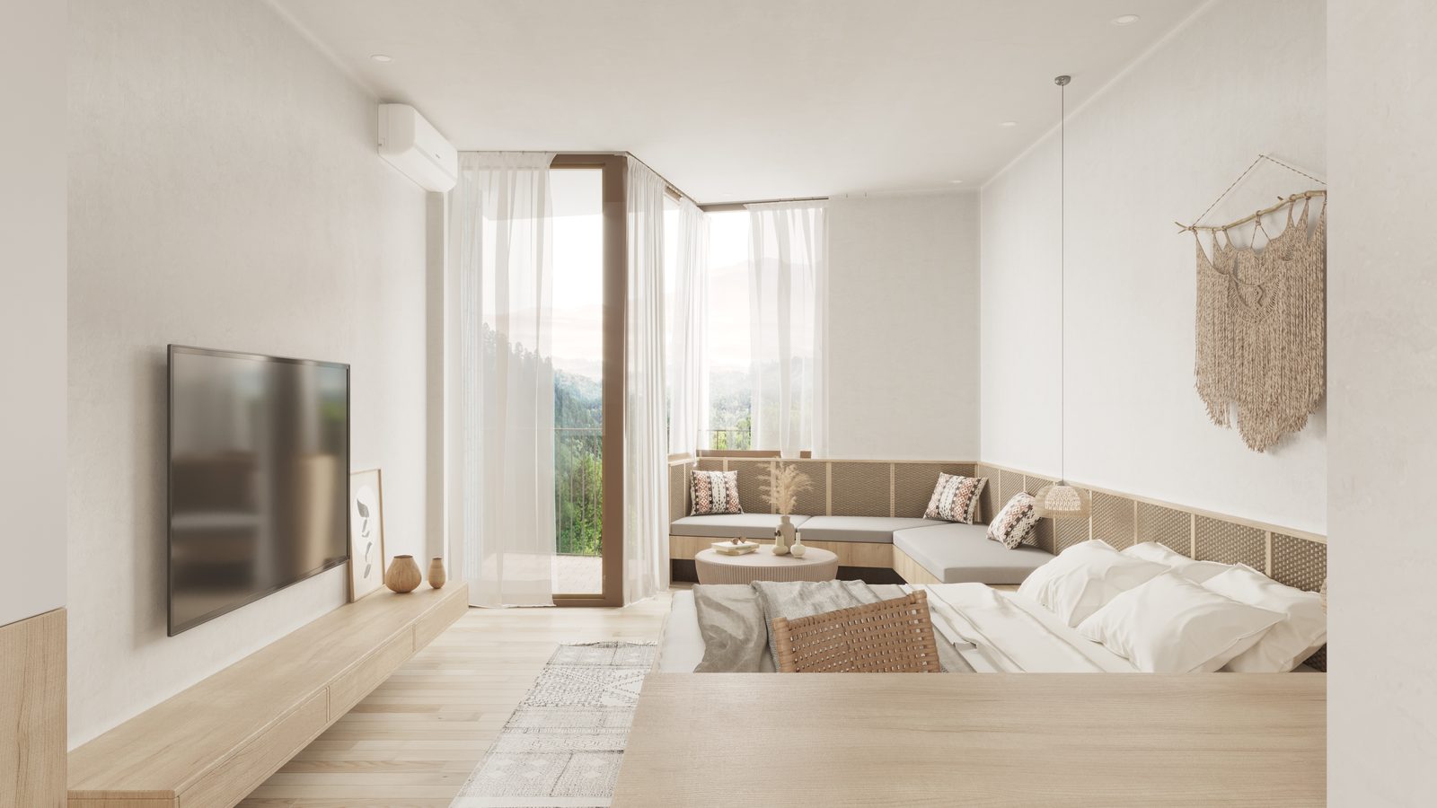 A studio living area with the balcony
