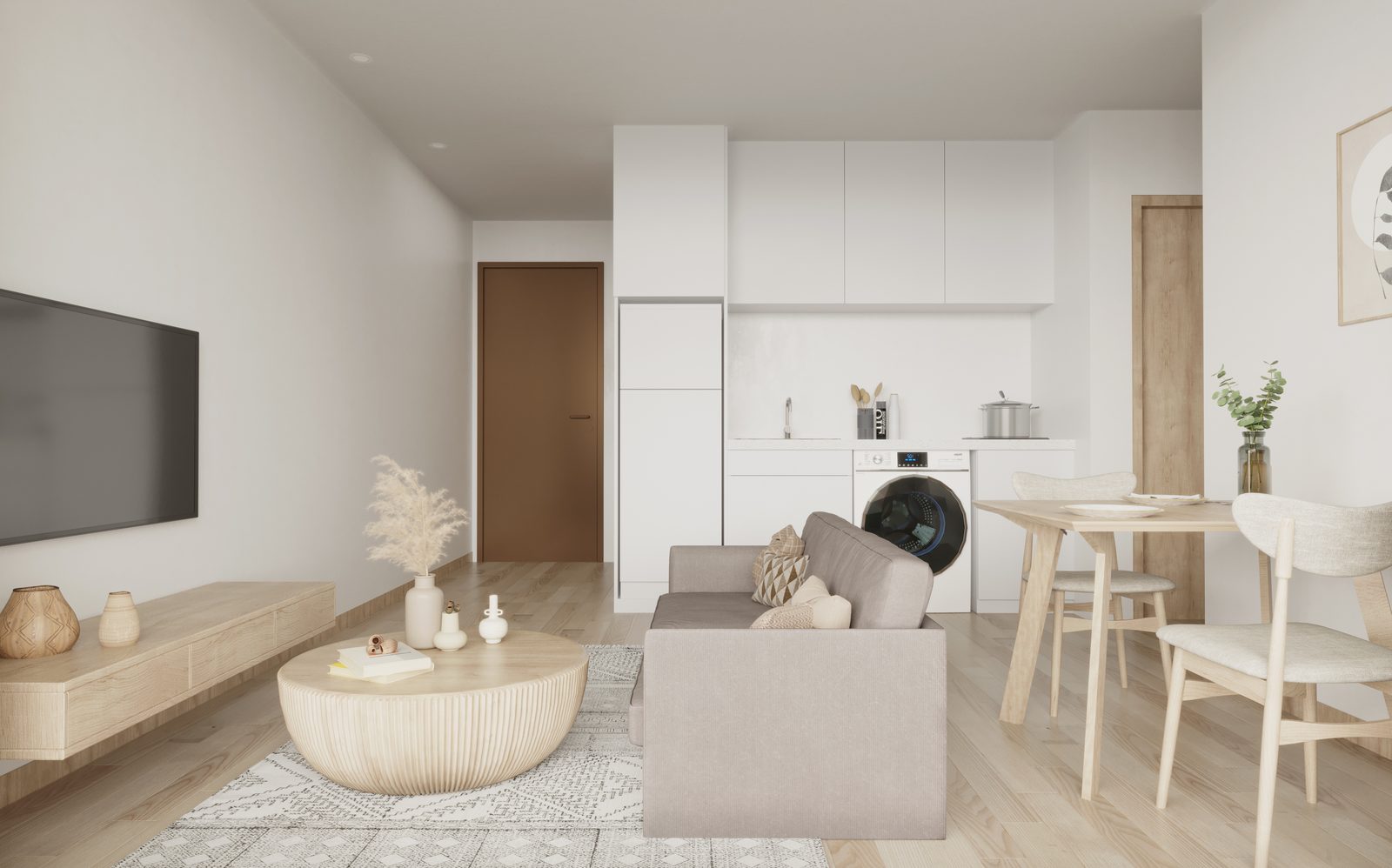 Kitchenette and living area of a one-and-a-half-bedroom unit