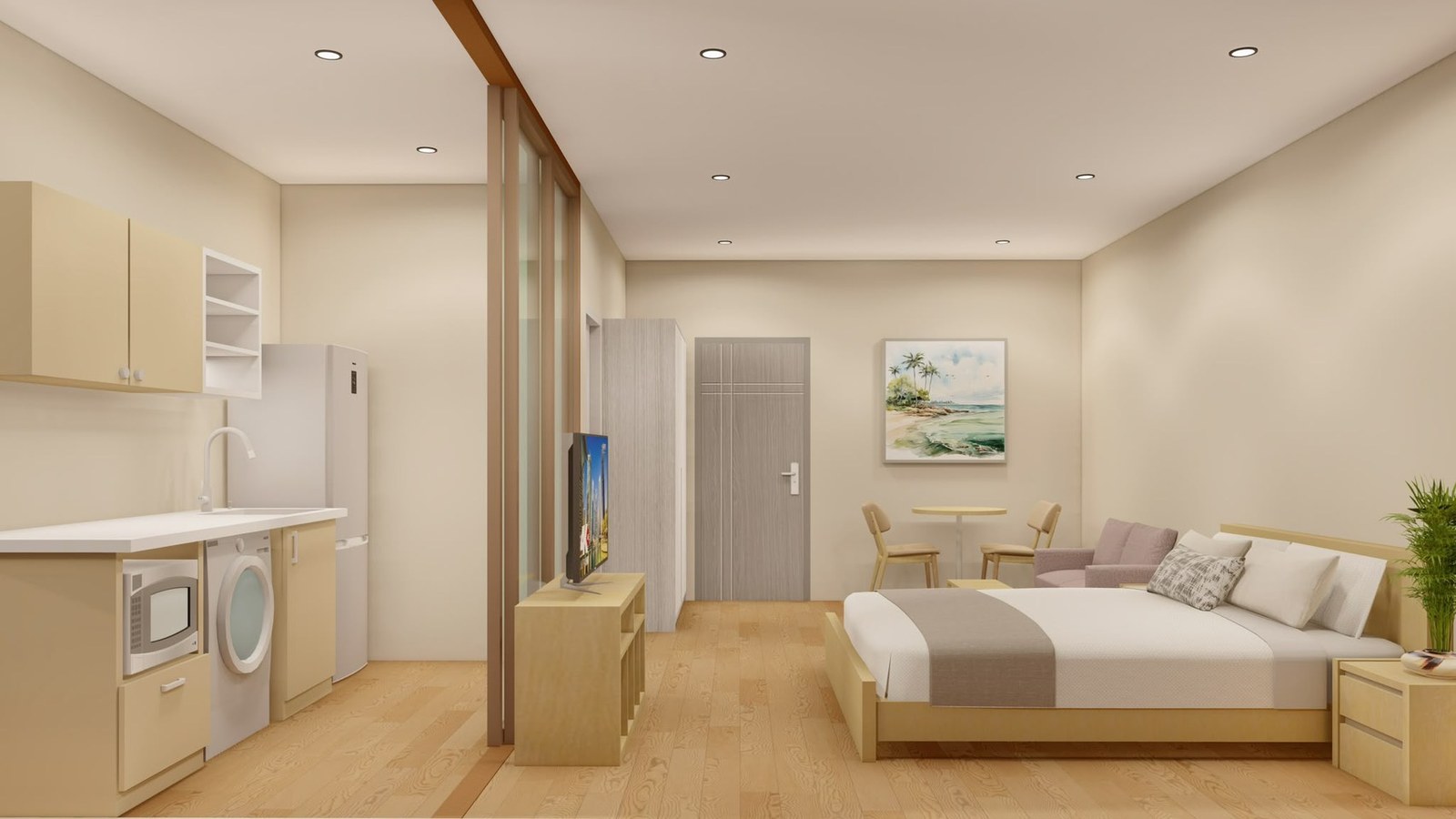 A studio apartment, with the kitchen, washing machine and bed in one room