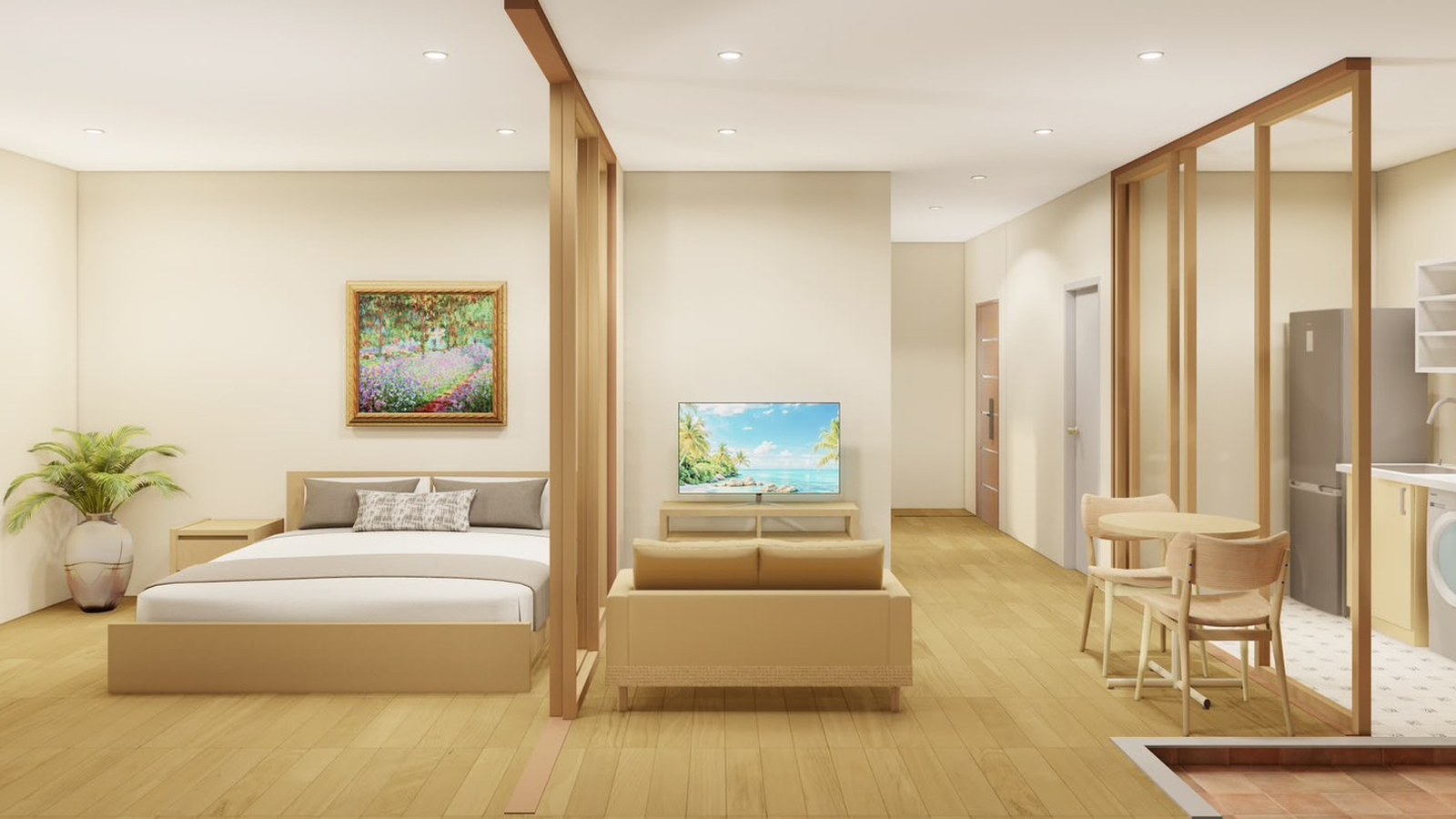 Bedroom and living area of a larger apartment, kitchen to the right