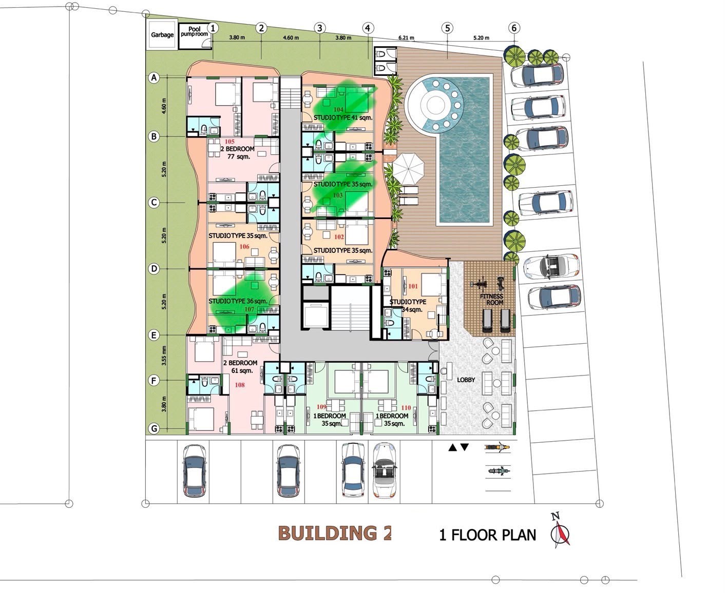 Ground-floor plan of the building, with the pool, gym, lobby and parking